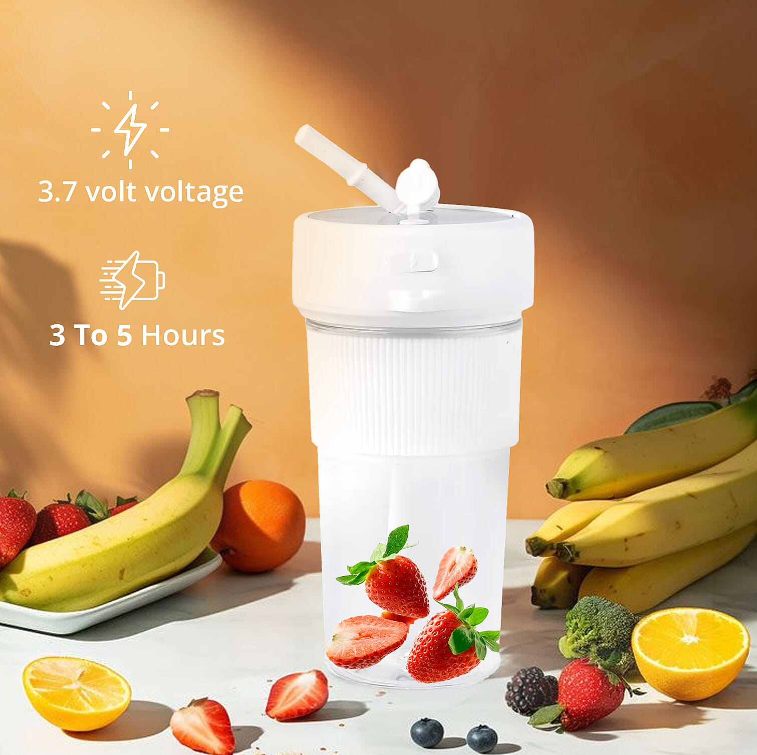 Portable and Rechargeable Juicer with Straw and Lid - White (Built-in 1200mAh Battery) (350 ml)