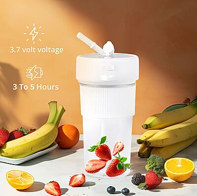 Portable and Rechargeable Juicer with Straw and Lid - White (Built-in 1200mAh Battery) (350 ml)