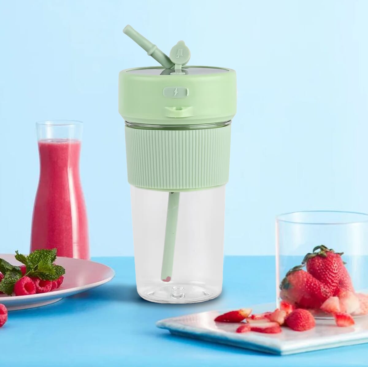 Portable and Rechargeable Juicer with Straw and Lid - Green (Built-in 1200mAh Battery) (350 ml) image number 1