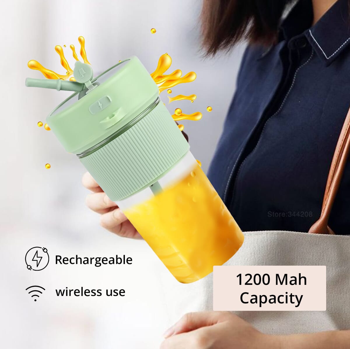 Portable and Rechargeable Juicer with Straw and Lid - Green (Built-in 1200mAh Battery) (350 ml) image number 3