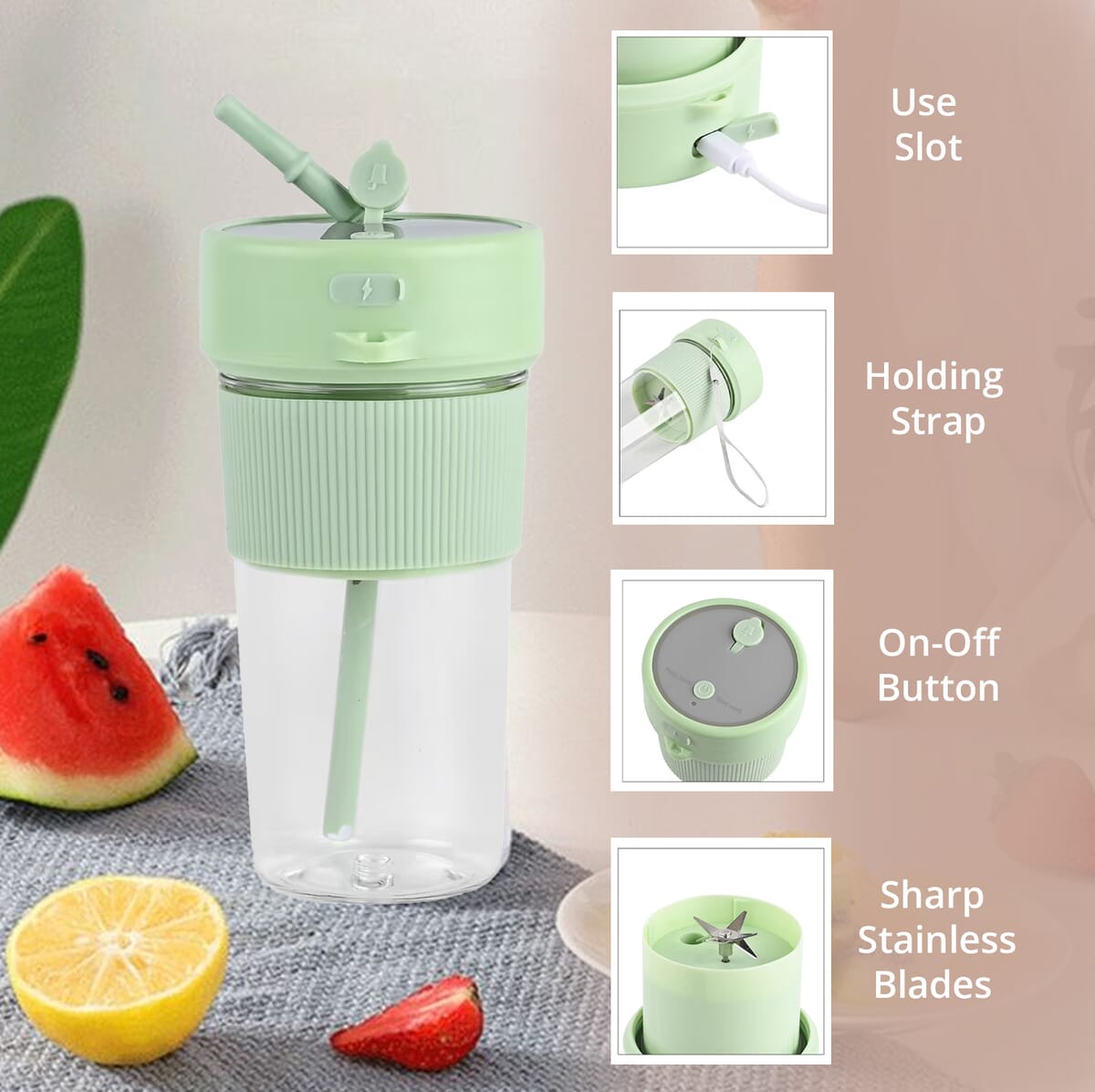 Portable and Rechargeable Juicer with Straw and Lid - Green (Built-in 1200mAh Battery) (350 ml) image number 4