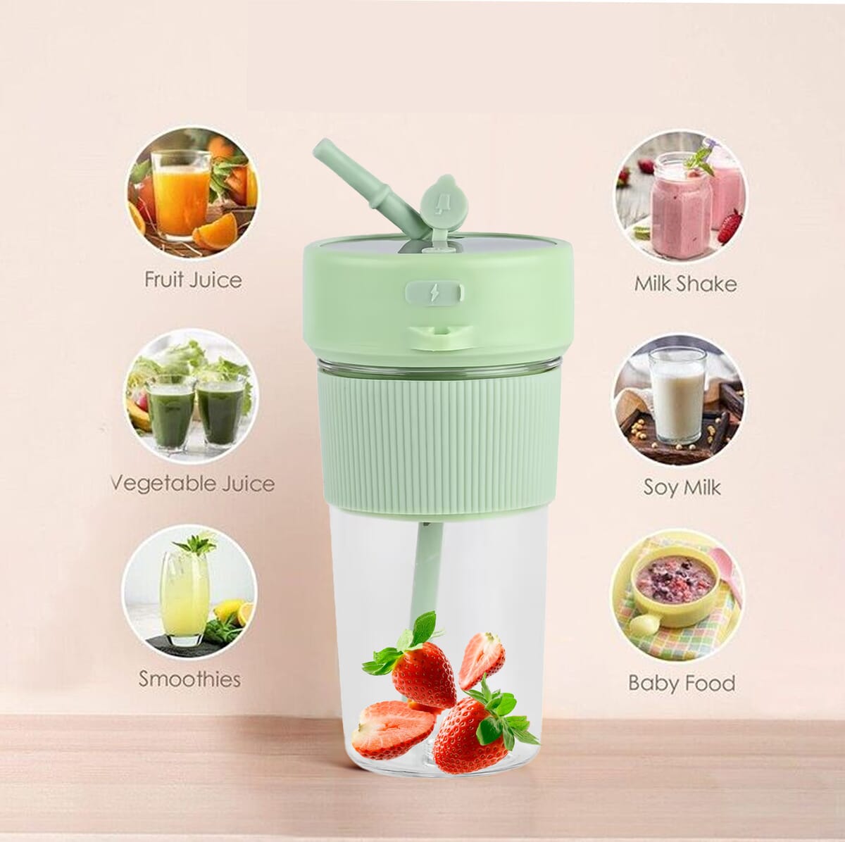 Portable and Rechargeable Juicer with Straw and Lid - Green (Built-in 1200mAh Battery) (350 ml) image number 6