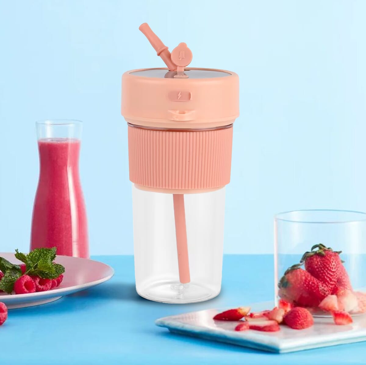 Portable and Rechargeable Juicer with Straw and Lid - Pink (Built-in 1200mAh Battery) (350 ml) image number 1
