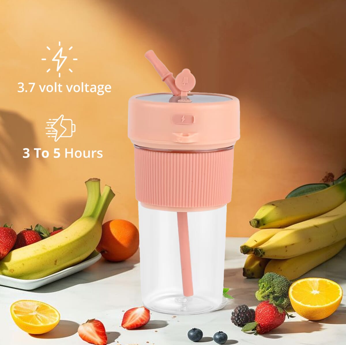 Portable and Rechargeable Juicer with Straw and Lid - Pink (Built-in 1200mAh Battery) (350 ml) image number 2