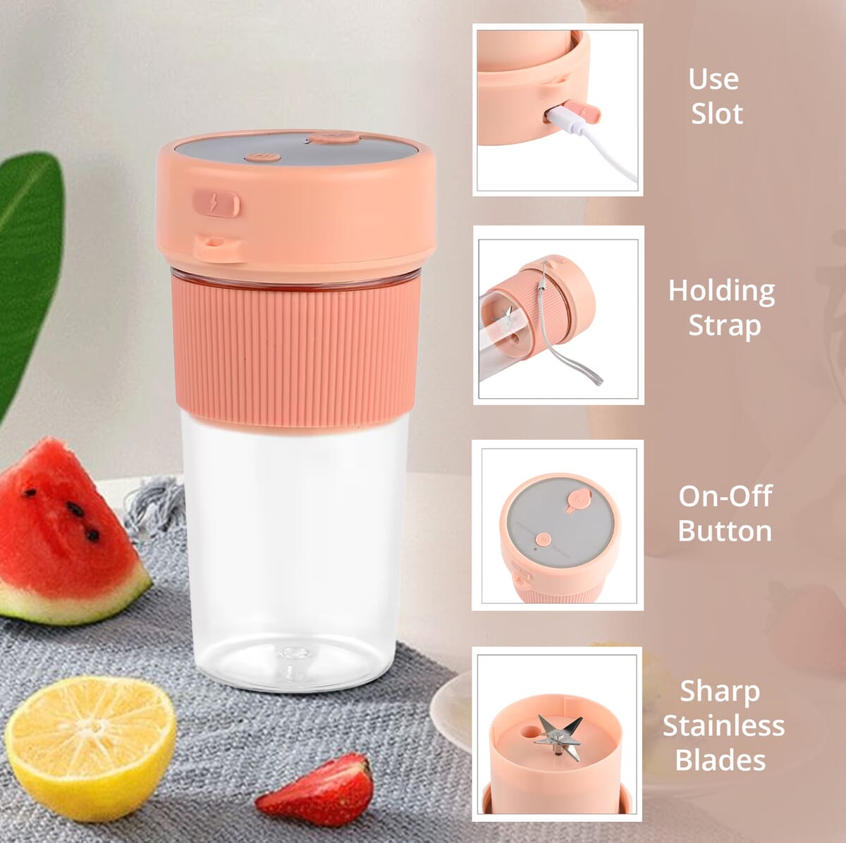 Portable and Rechargeable Juicer with Straw and Lid - Pink (Built-in 1200mAh Battery) (350 ml) image number 3