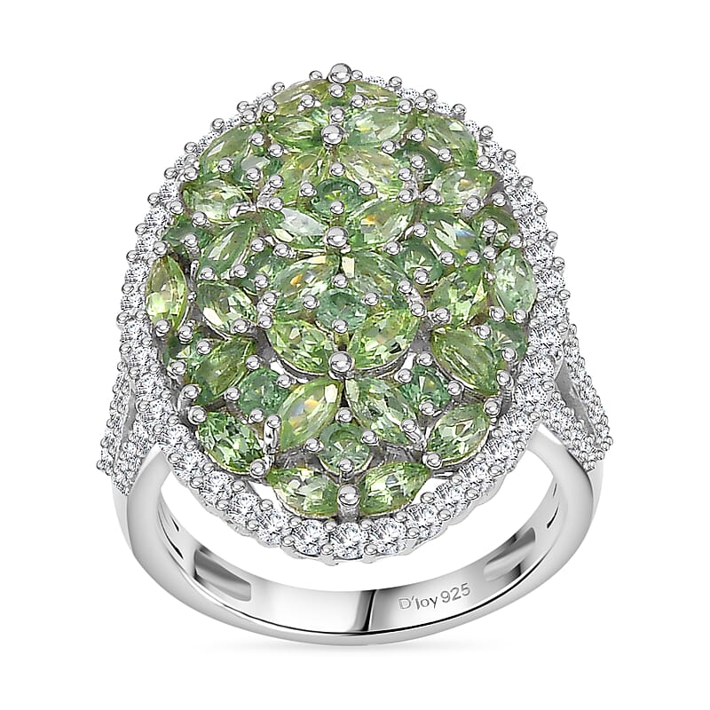 Tsavorite Garnet and White Zircon 4.50 ctw Bunch of Flower Ring in Rhodium Over Sterling Silver (Size 10.0)