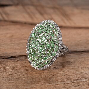 Tsavorite Garnet and White Zircon 4.50 ctw Bunch of Flower Ring in Rhodium Over Sterling Silver (Size 10.0)