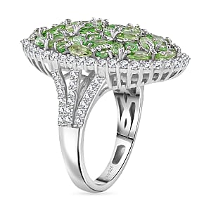 Tsavorite Garnet and White Zircon 4.50 ctw Bunch of Flower Ring in Rhodium Over Sterling Silver (Size 10.0)