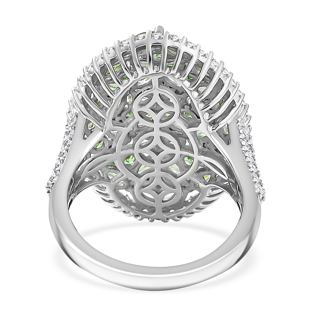 Tsavorite Garnet and White Zircon 4.50 ctw Bunch of Flower Ring in Rhodium Over Sterling Silver (Size 10.0)