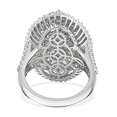 Tsavorite Garnet and White Zircon 4.50 ctw Bunch of Flower Ring in Rhodium Over Sterling Silver (Size 10.0)