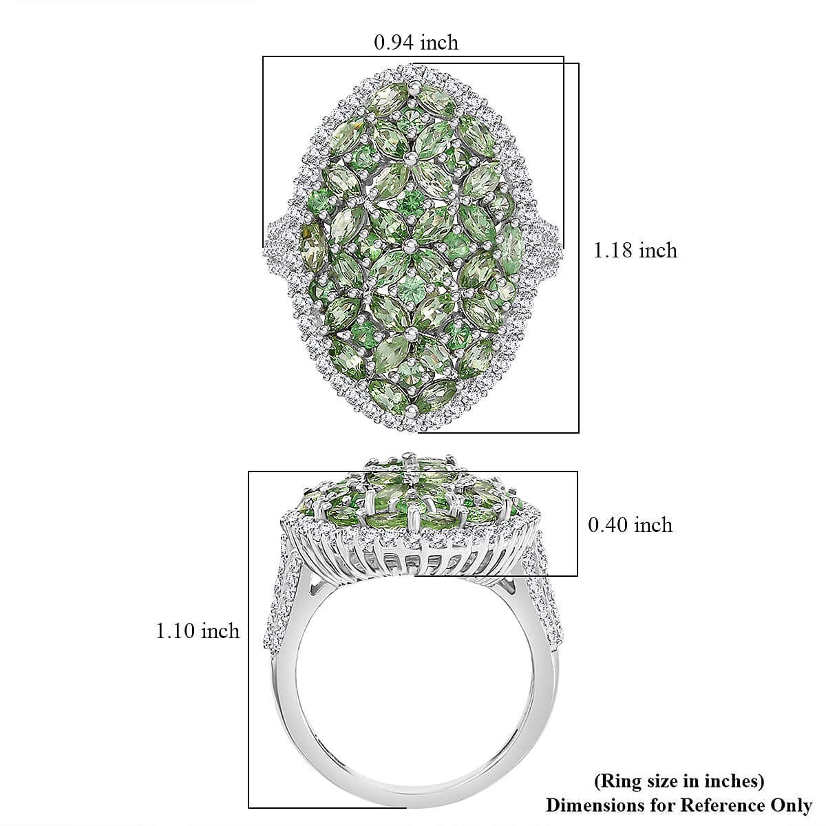 Tsavorite Garnet and White Zircon 4.50 ctw Bunch of Flower Ring in Rhodium Over Sterling Silver (Size 10.0)