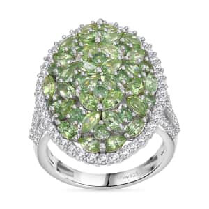 Doorbuster Tsavorite Garnet and White Zircon 4.50 ctw Bunch of Flower Ring in Rhodium Over Sterling Silver (Size 5.0)