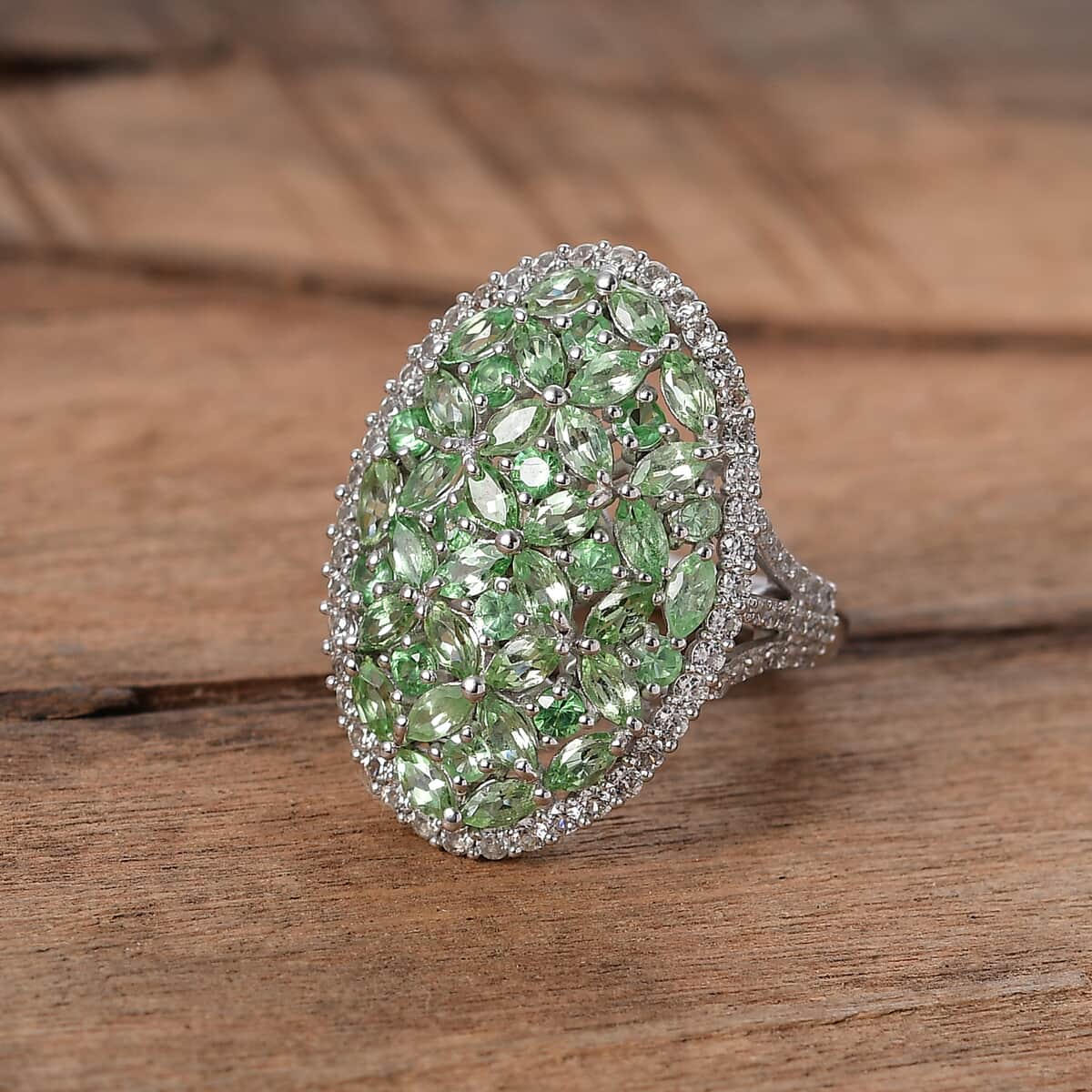 Doorbuster Tsavorite Garnet and White Zircon 4.50 ctw Bunch of Flower Ring in Rhodium Over Sterling Silver (Size 5.0) image number 1