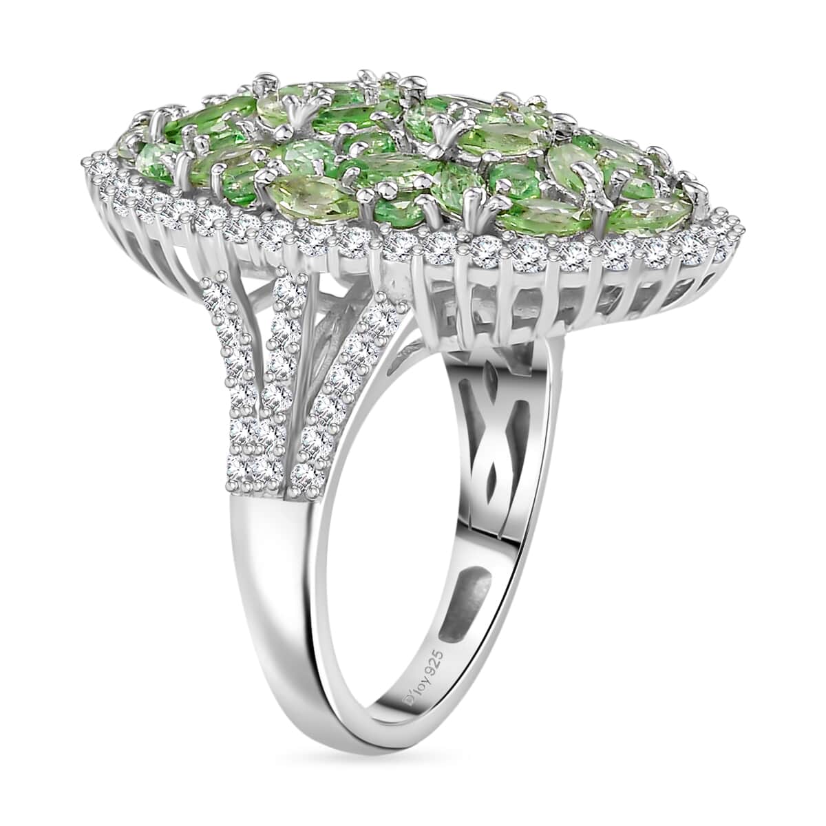 Doorbuster Tsavorite Garnet and White Zircon 4.50 ctw Bunch of Flower Ring in Rhodium Over Sterling Silver (Size 5.0) image number 3