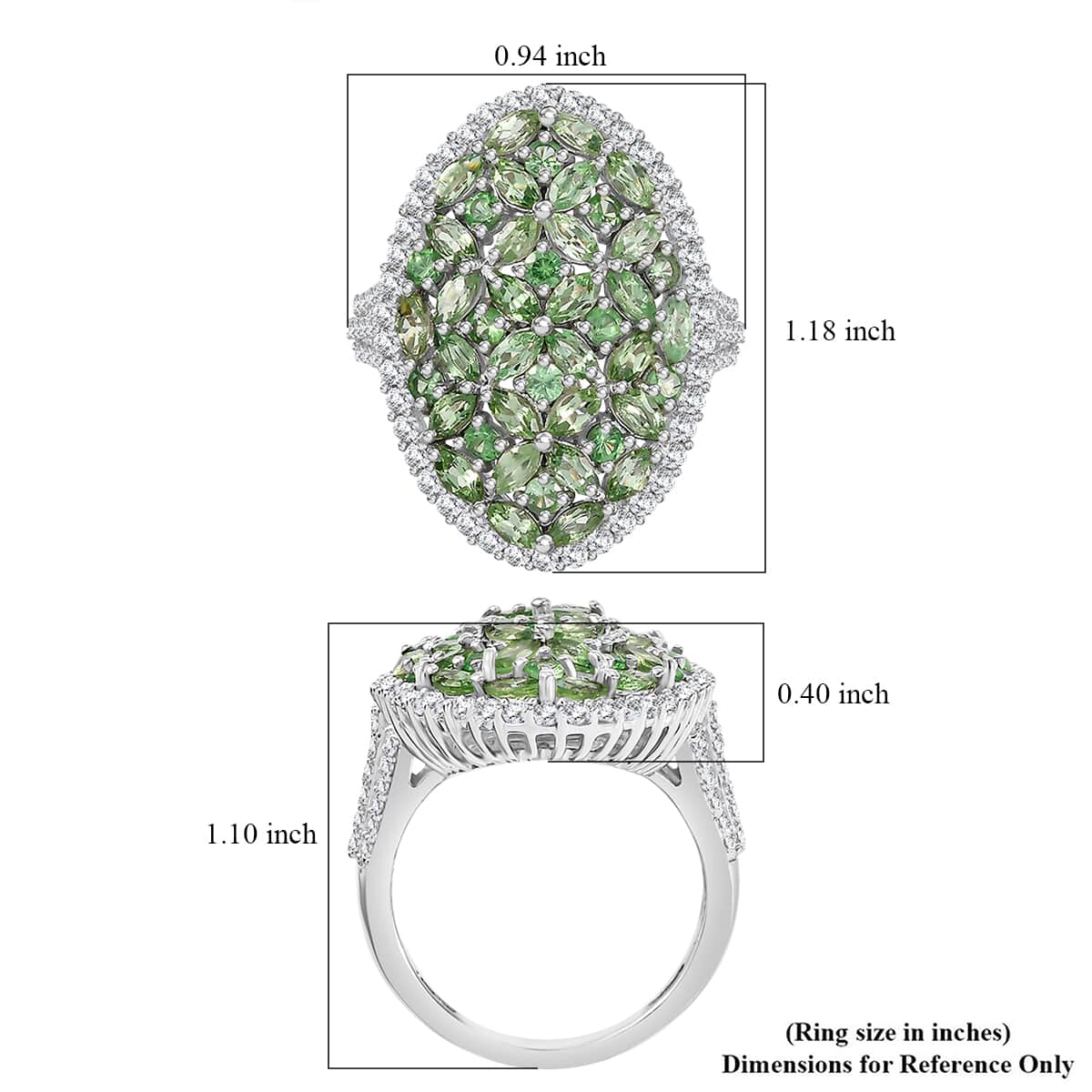 Doorbuster Tsavorite Garnet and White Zircon 4.50 ctw Bunch of Flower Ring in Rhodium Over Sterling Silver (Size 5.0) image number 5