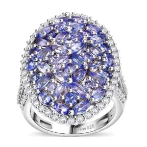 Doorbuster Tanzanite and White Zircon 4.80 ctw Bunch of Flower Ring in Rhodium Over Sterling Silver (Size 10.0)