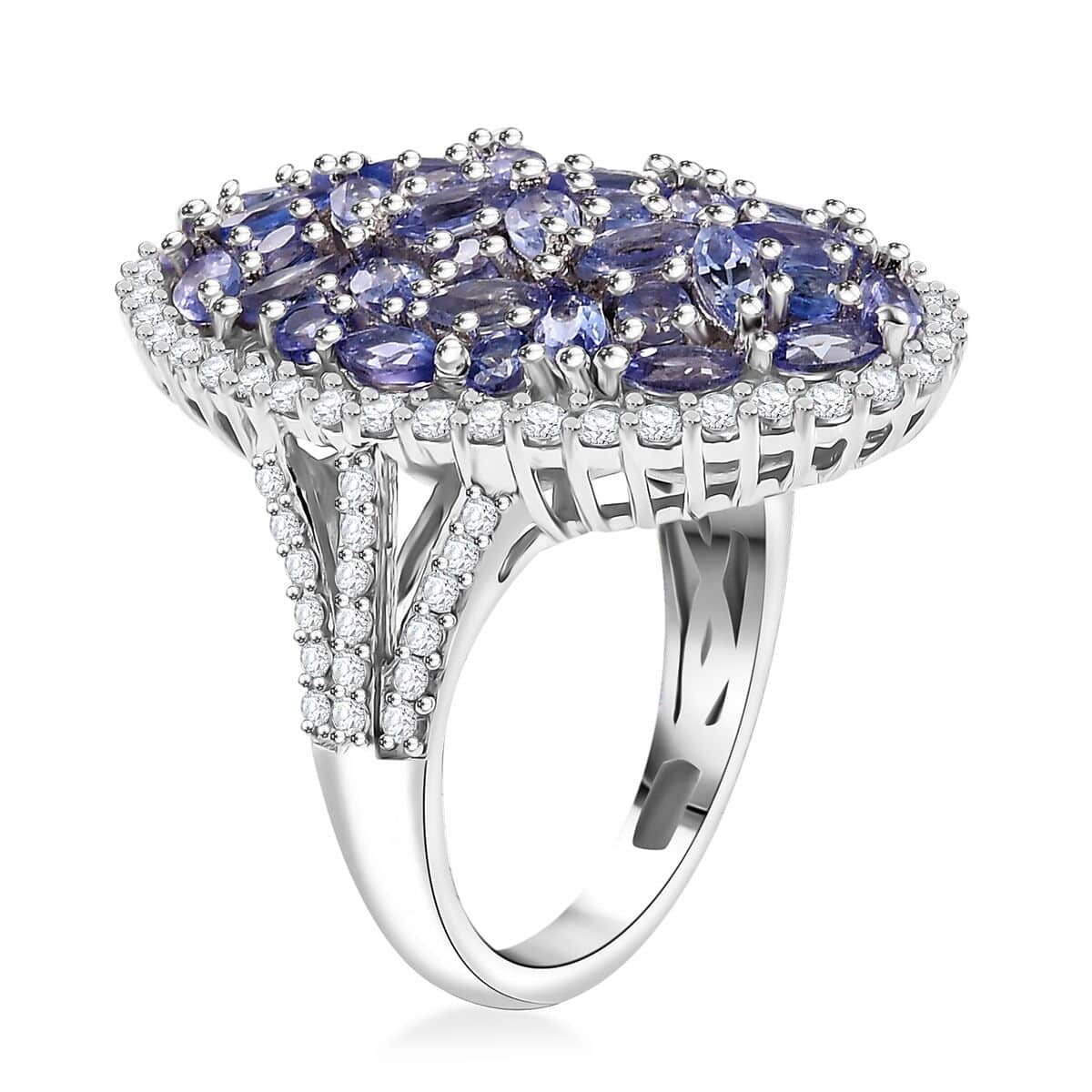 Doorbuster Tanzanite and White Zircon 4.80 ctw Bunch of Flower Ring in Rhodium Over Sterling Silver (Size 10.0) image number 3