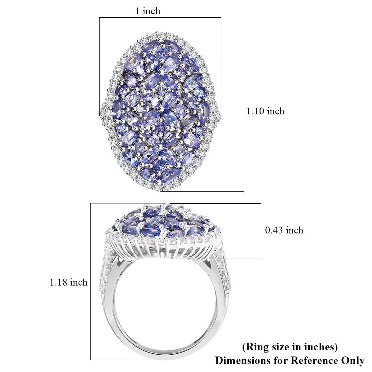 Doorbuster Tanzanite and White Zircon 4.80 ctw Bunch of Flower Ring in Rhodium Over Sterling Silver (Size 10.0) image number 5