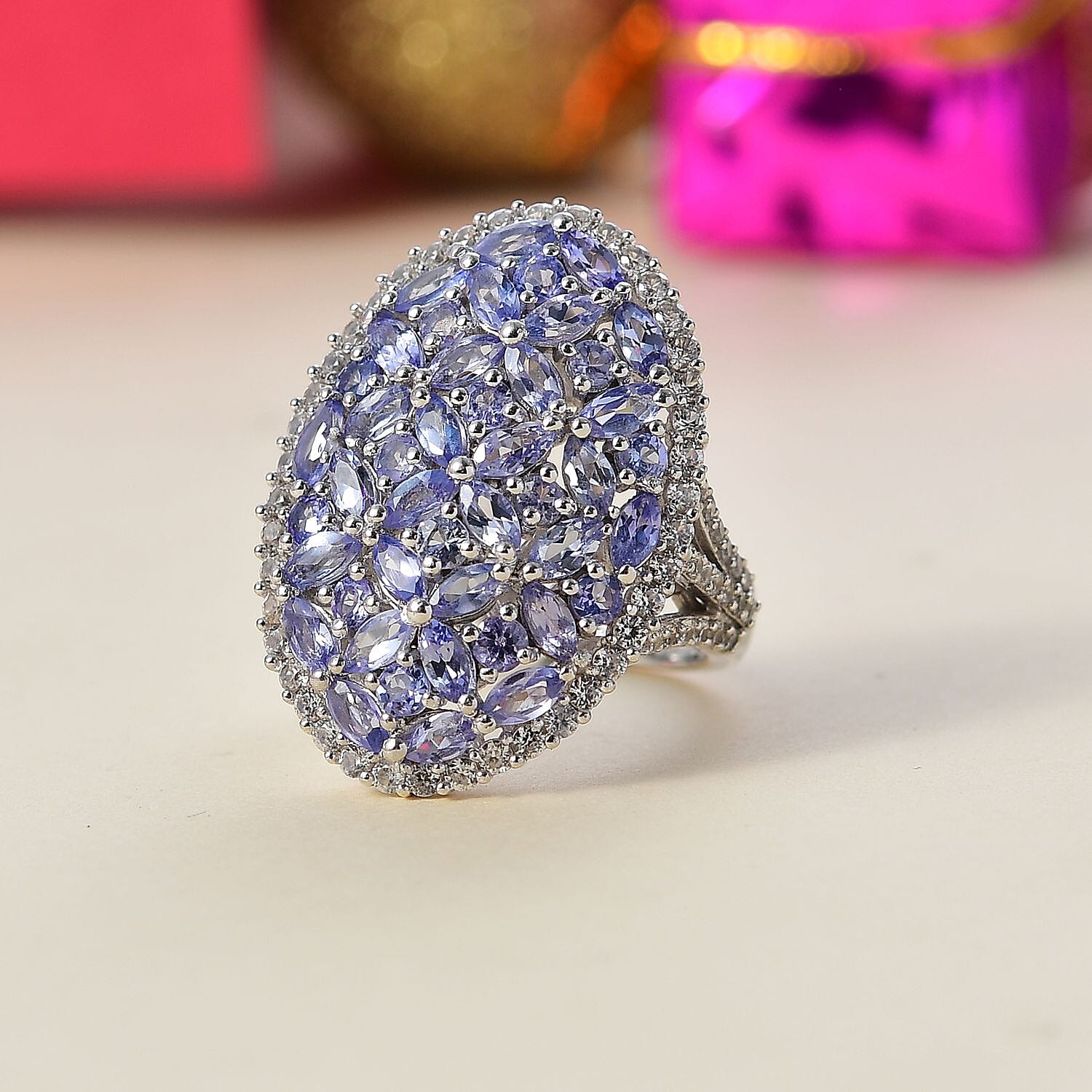D'Joy Tanzanite and White Zircon 4.80 ctw Bunch of Flower Ring in Rhodium Over Sterling Silver (Size 5.0)