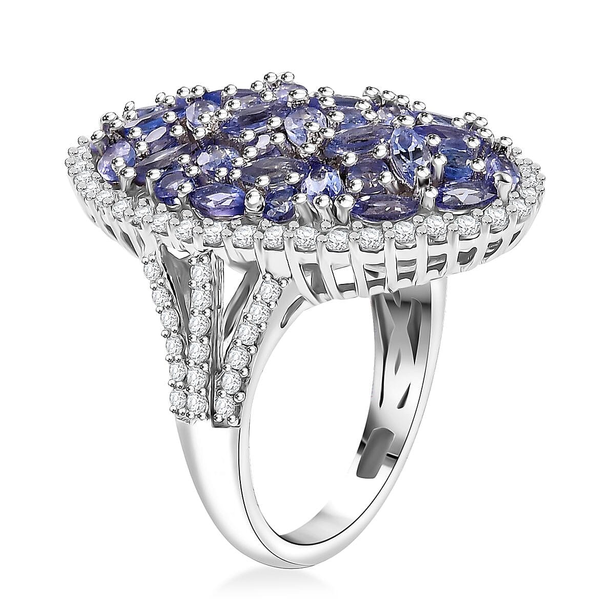 D'Joy Tanzanite and White Zircon 4.80 ctw Bunch of Flower Ring in Rhodium Over Sterling Silver (Size 5.0)