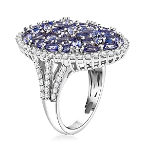 D'Joy Tanzanite and White Zircon 4.80 ctw Bunch of Flower Ring in Rhodium Over Sterling Silver (Size 9.0)