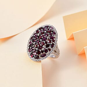 D'Joy Anthill Garnet and White Zircon 5.10 ctw Bunch of Flower Ring in Rhodium Over Sterling Silver (Size 5.0)