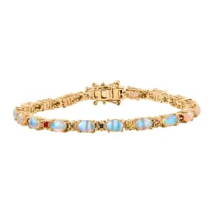 Premium Ethiopian Welo Opal and Multi Sapphire 6.10 ctw Bloom Link Bracelet in 18K Vermeil Yellow Gold Over Sterling Silver (6.50 In)