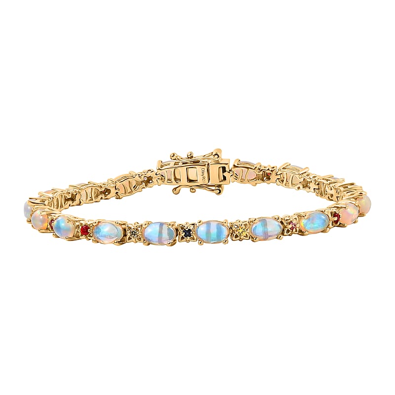 D'Joy Premium Ethiopian Welo Opal and Multi Sapphire 6.10 ctw Bloom Link Bracelet in 18K Vermeil Yellow Gold Over Sterling Silver (6.50 In)