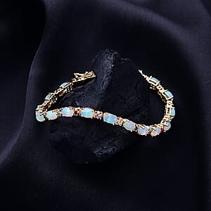 D'Joy Premium Ethiopian Welo Opal and Multi Sapphire 6.10 ctw Bloom Link Bracelet in 18K Vermeil Yellow Gold Over Sterling Silver (6.50 In)