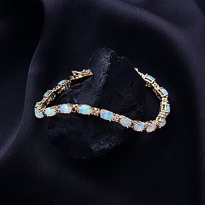 D'Joy Premium Ethiopian Welo Opal and Multi Sapphire 6.10 ctw Bloom Link Bracelet in 18K Vermeil Yellow Gold Over Sterling Silver (6.50 In)
