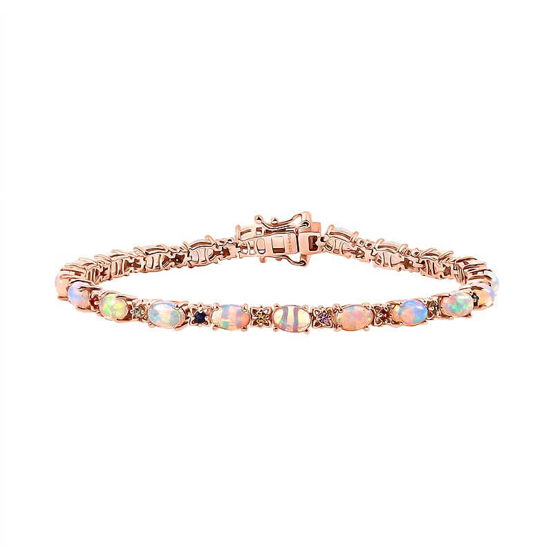 D'Joy Premium Ethiopian Welo Opal and Multi Sapphire 6.80 ctw Bloom Link Bracelet in 18K Vermeil Rose Gold Over Sterling Silver (7.25 In)