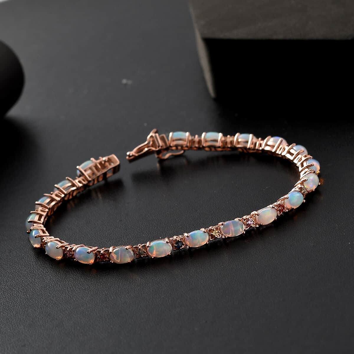 Premium Ethiopian Welo Opal and Multi Sapphire 6.80 ctw Bloom Link Bracelet in 18K Vermeil Rose Gold Over Sterling Silver (7.25 In) image number 1