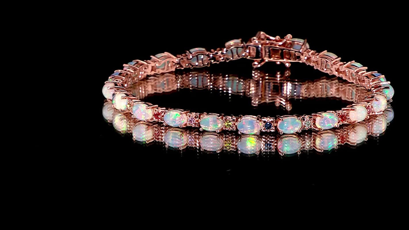 D'Joy Premium Ethiopian Welo Opal and Multi Sapphire 6.80 ctw Bloom Link Bracelet in 18K Vermeil Rose Gold Over Sterling Silver (7.25 In)