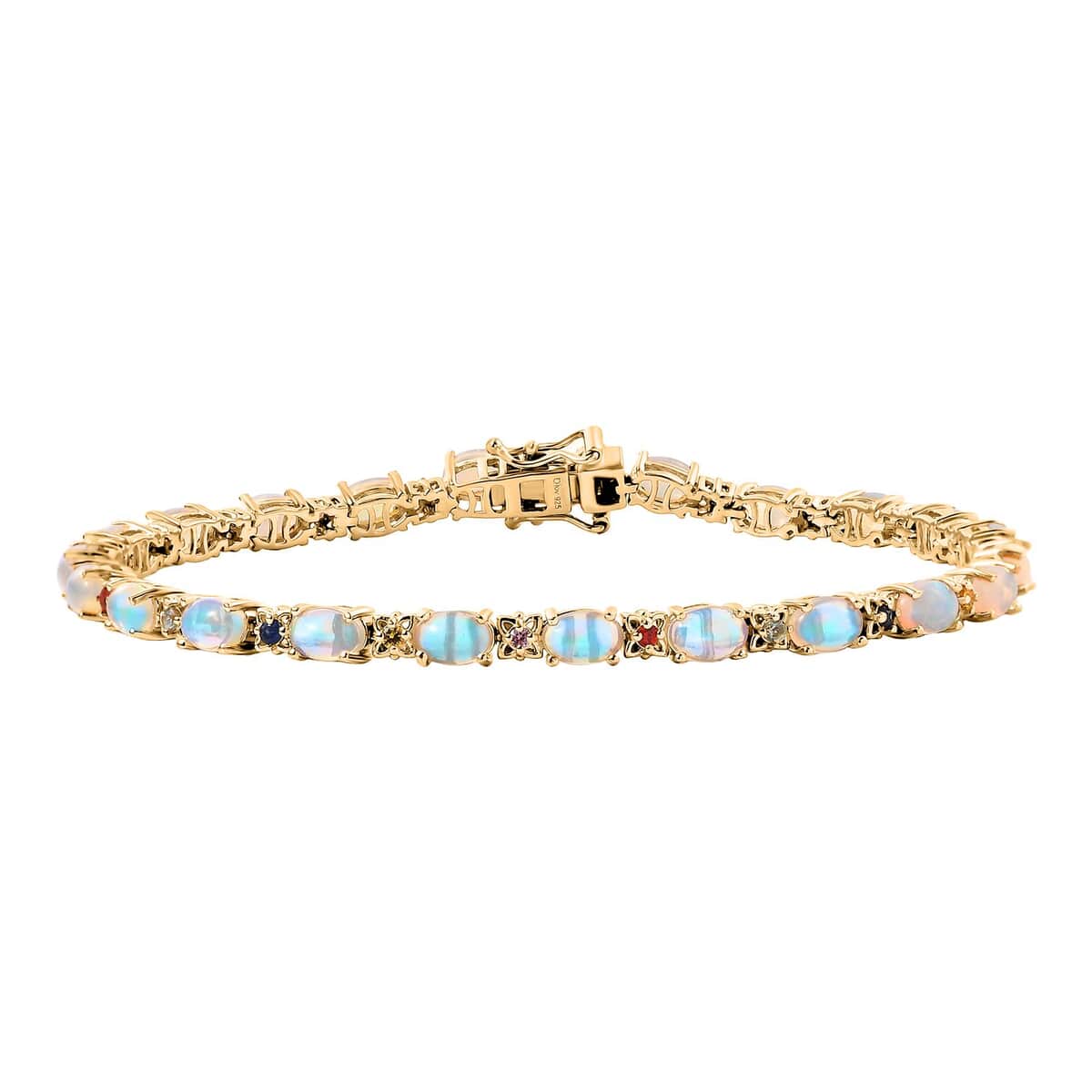 Premium Ethiopian Welo Opal and Multi Sapphire 7.50 ctw Bloom Link Bracelet in 18K Vermeil Yellow Gold Over Sterling Silver (8.00 In) image number 0