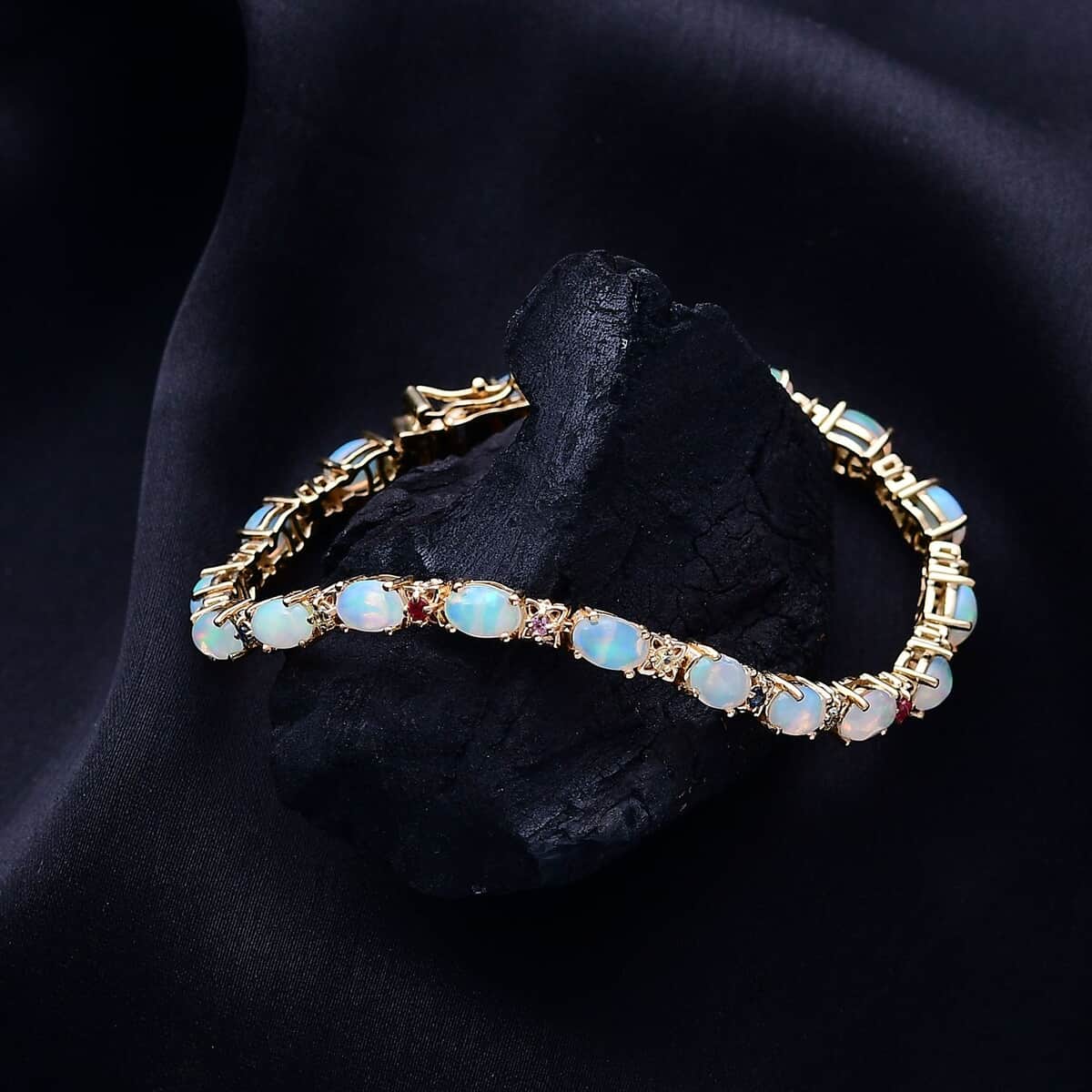 Premium Ethiopian Welo Opal and Multi Sapphire 7.50 ctw Bloom Link Bracelet in 18K Vermeil Yellow Gold Over Sterling Silver (8.00 In) image number 1