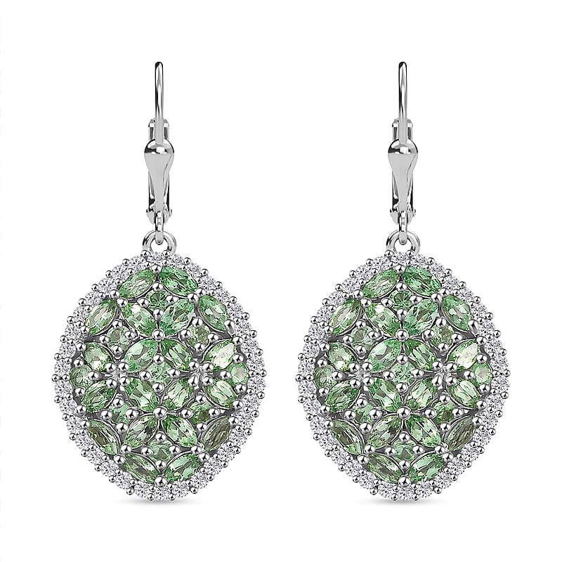 D'Joy Tsavorite Garnet and White Zircon 5.65 ctw Bunch of Flower Earrings in Rhodium Over Sterling Silver