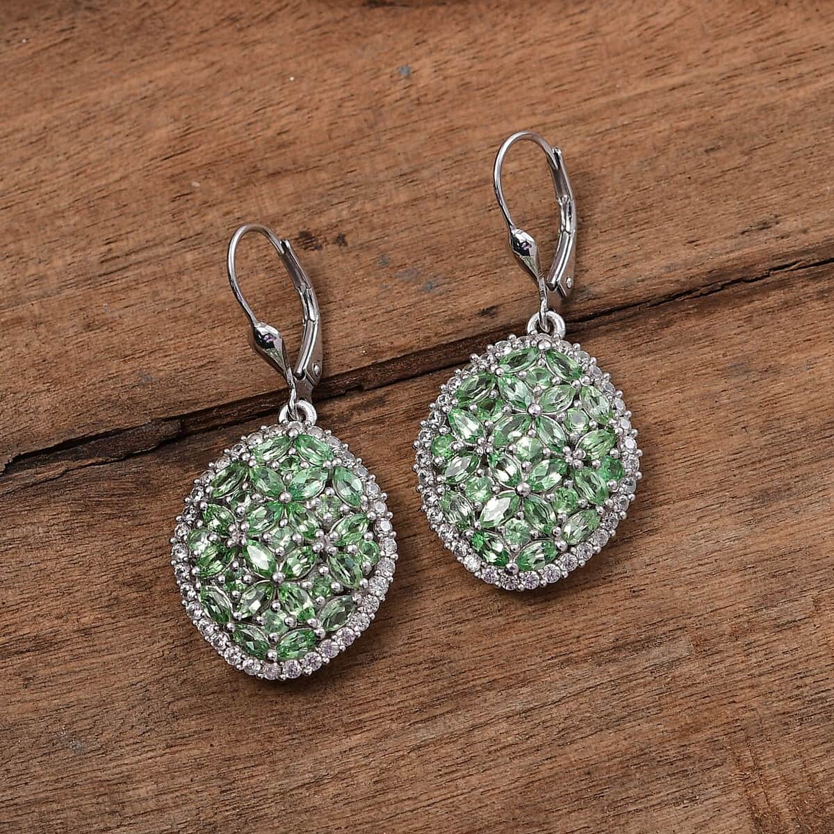 Doorbuster Tsavorite Garnet and White Zircon 5.65 ctw Bunch of Flower Earrings in Rhodium Over Sterling Silver image number 1