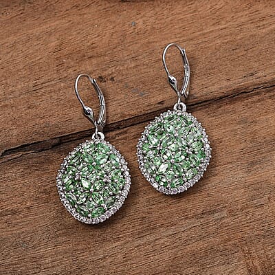 D'Joy Tsavorite Garnet and White Zircon 5.65 ctw Bunch of Flower Earrings in Rhodium Over Sterling Silver