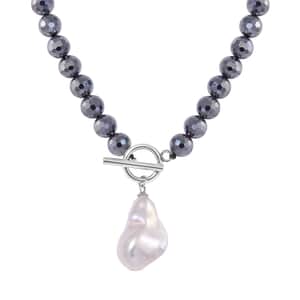 White Freshwater Pearl and Terahertz 200.00 ctw Necklace 20 Inches in Stainless Steel 