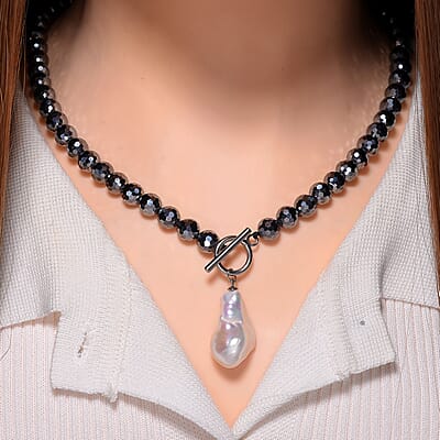 White Freshwater Pearl and Terahertz 200.00 ctw Necklace 20 Inches in Stainless Steel 