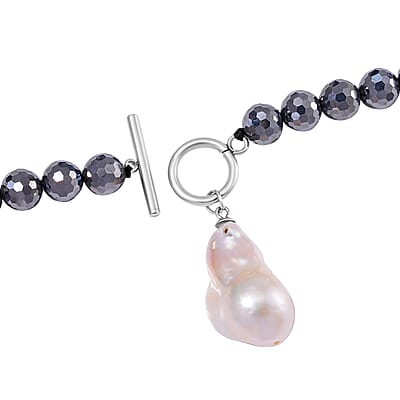 White Freshwater Pearl and Terahertz 200.00 ctw Necklace 20 Inches in Stainless Steel 
