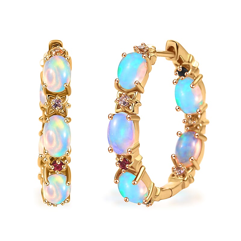 D'Joy Premium Ethiopian Welo Opal and Multi Sapphire 3.65 ctw Bloom Hoop Earrings in 18K Vermeil Yellow Gold Over Sterling Silver