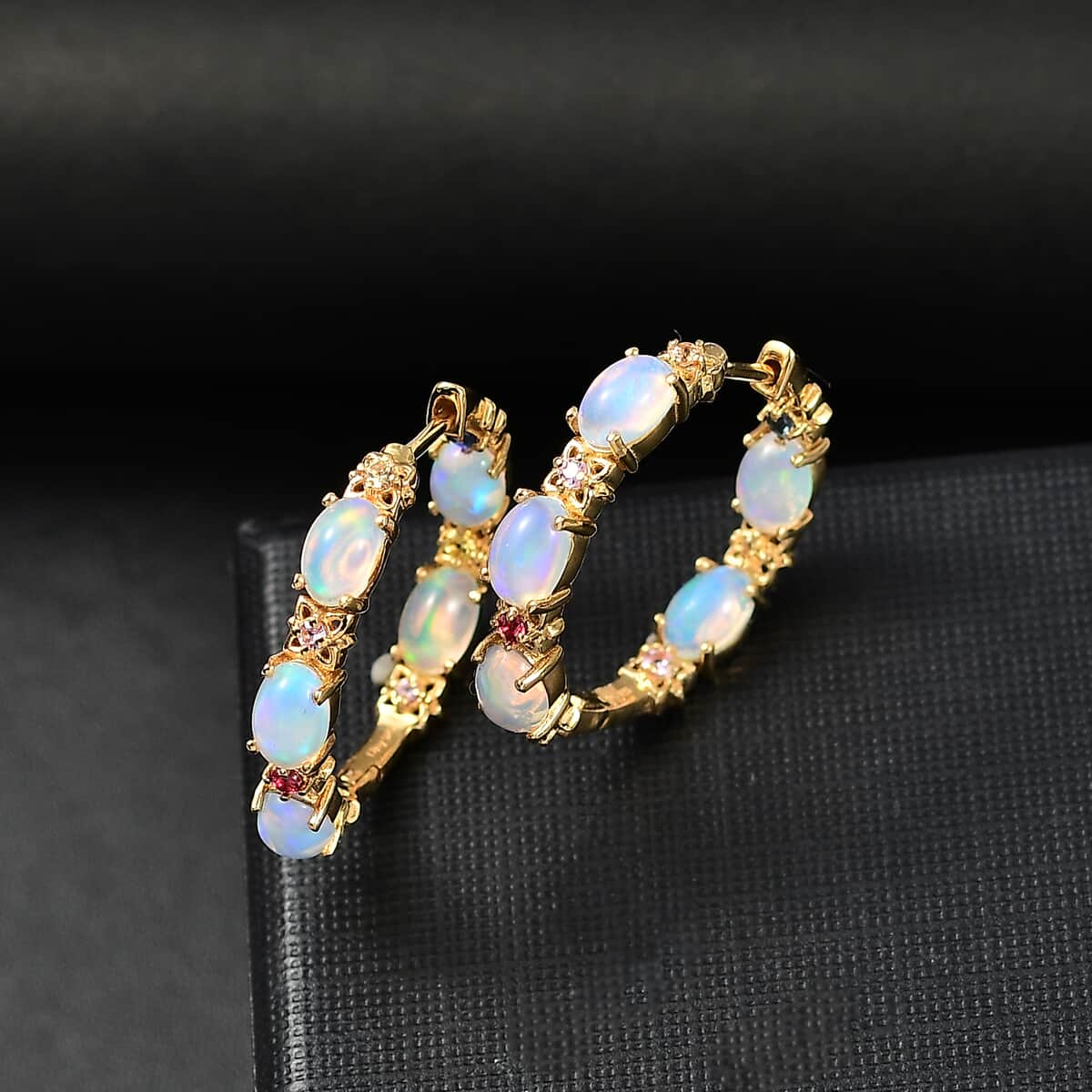 Premium Ethiopian Welo Opal and Multi Sapphire 3.65 ctw Bloom Hoop Earrings in 18K Vermeil Yellow Gold Over Sterling Silver image number 1