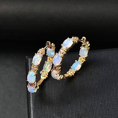 D'Joy Premium Ethiopian Welo Opal and Multi Sapphire 3.65 ctw Bloom Hoop Earrings in 18K Vermeil Yellow Gold Over Sterling Silver
