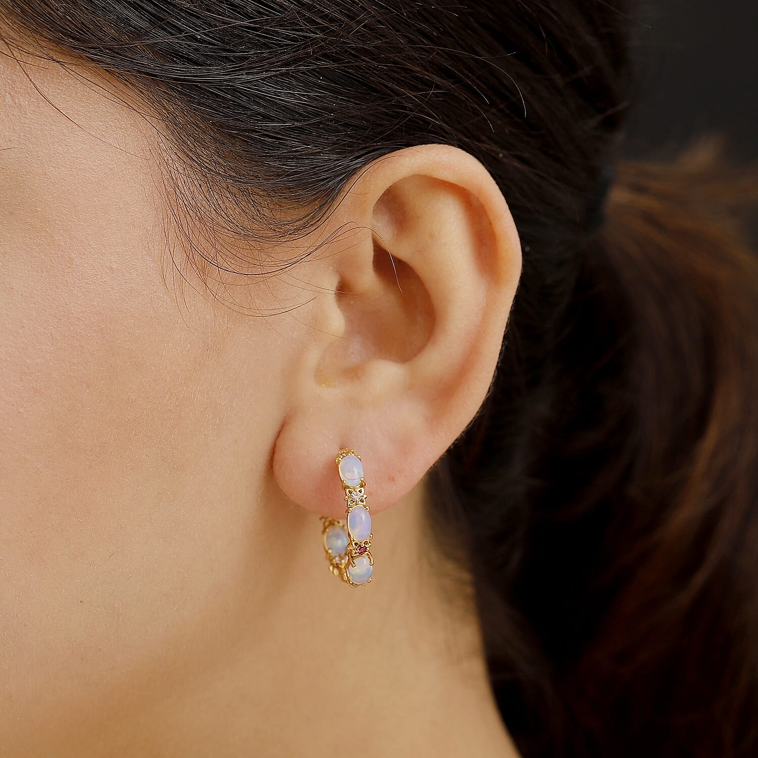 D'Joy Premium Ethiopian Welo Opal and Multi Sapphire 3.65 ctw Bloom Hoop Earrings in 18K Vermeil Yellow Gold Over Sterling Silver