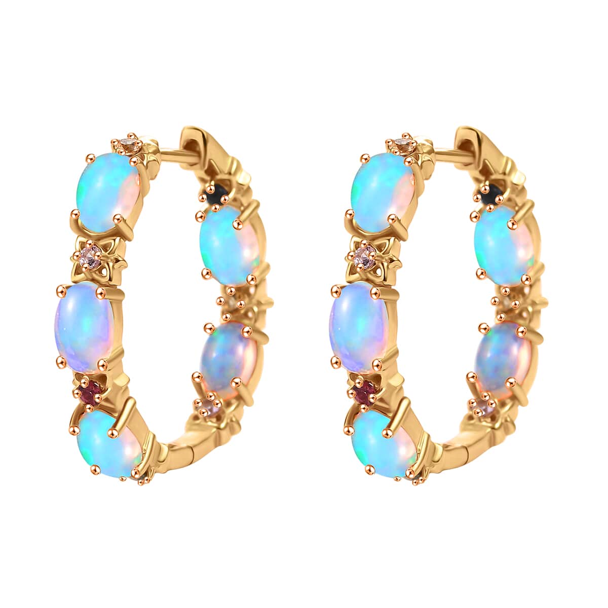 Premium Ethiopian Welo Opal and Multi Sapphire 3.65 ctw Bloom Hoop Earrings in 18K Vermeil Yellow Gold Over Sterling Silver image number 3