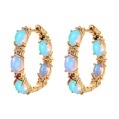 D'Joy Premium Ethiopian Welo Opal and Multi Sapphire 3.65 ctw Bloom Hoop Earrings in 18K Vermeil Yellow Gold Over Sterling Silver