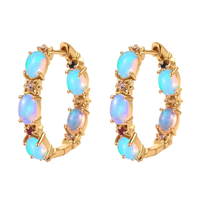 D'Joy Premium Ethiopian Welo Opal and Multi Sapphire 3.65 ctw Bloom Hoop Earrings in 18K Vermeil Yellow Gold Over Sterling Silver