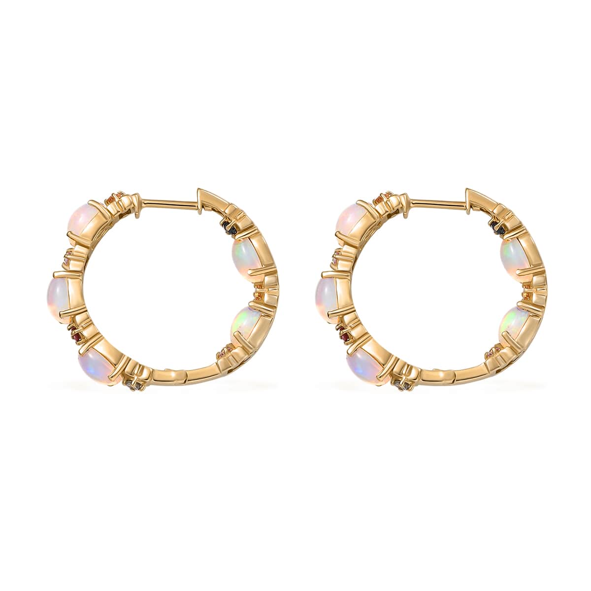 Premium Ethiopian Welo Opal and Multi Sapphire 3.65 ctw Bloom Hoop Earrings in 18K Vermeil Yellow Gold Over Sterling Silver image number 4