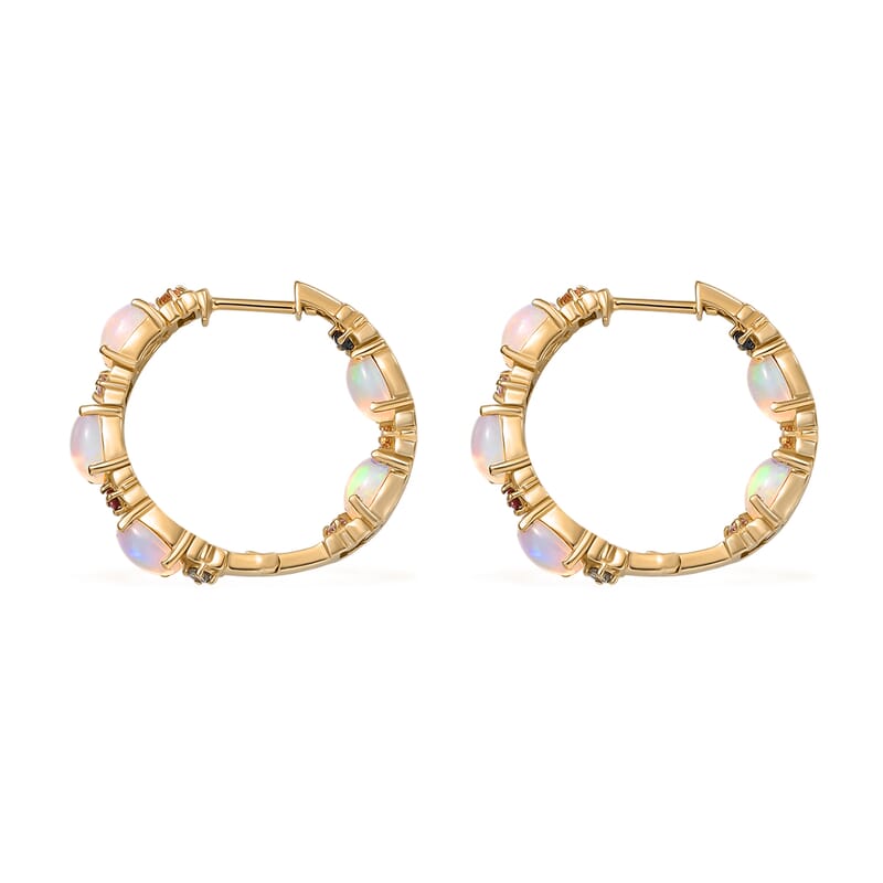 D'Joy Premium Ethiopian Welo Opal and Multi Sapphire 3.65 ctw Bloom Hoop Earrings in 18K Vermeil Yellow Gold Over Sterling Silver